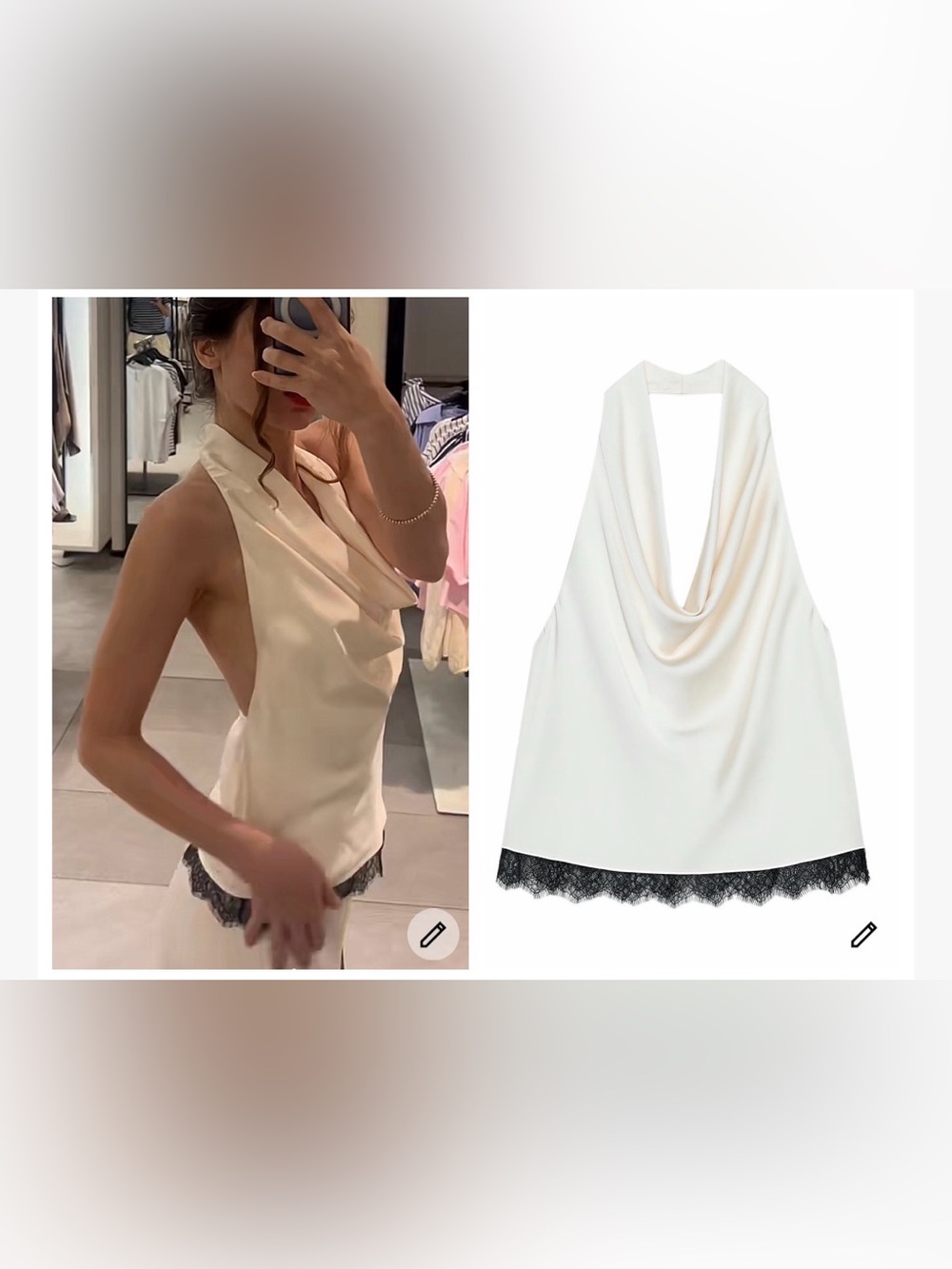 Zara Cream Halter Top with Black Lace Trim